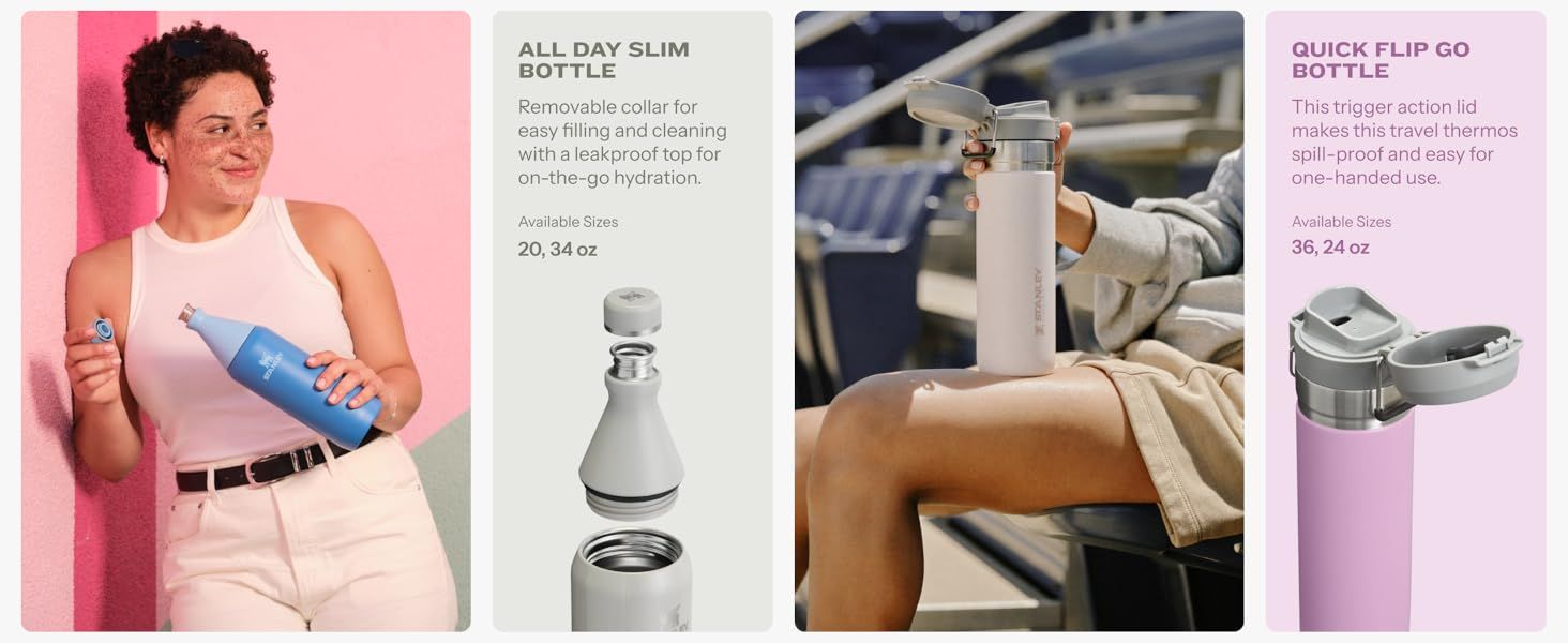 Helps shoppers choose between two STANLEY bottle styles by showing each one's name, photo and standout feature side by side. Uses segmented panels to explain the distinct lid feature of each bottle…