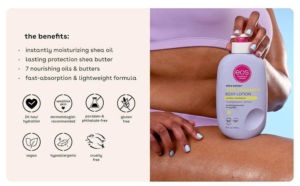Lists key moisturizing benefits and icon claims so shoppers see why the lotion suits dry skin. Reassures shoppers that the lotion is gentle, dermatologist-recommended, vegan and cruelty free.
