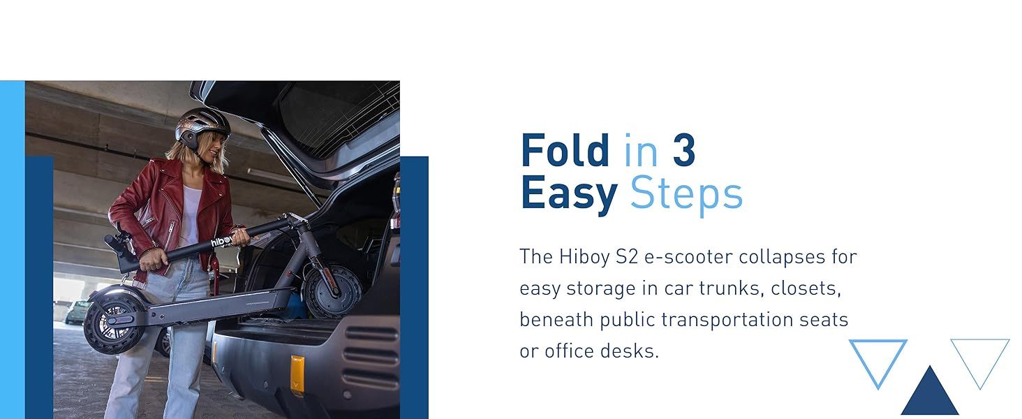 Highlights the e-scooter's easy folding capability in 3 steps, emphasizing portability and convenient storage for commuters.