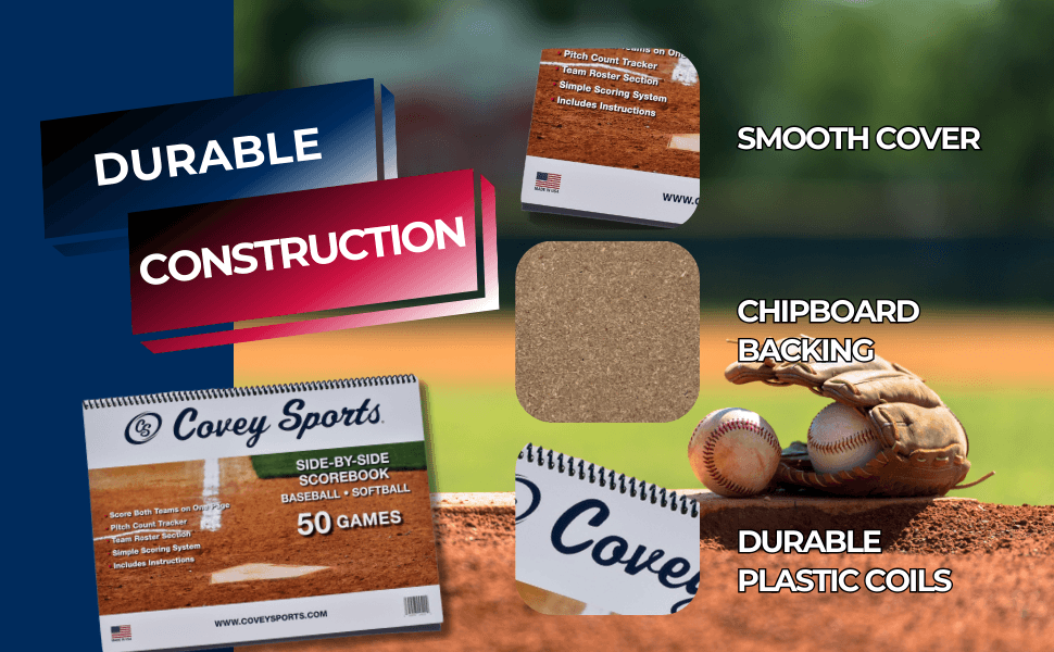 Shows the scorebook construction details in segmented callouts so shoppers can see it is built to last through many seasons of games.