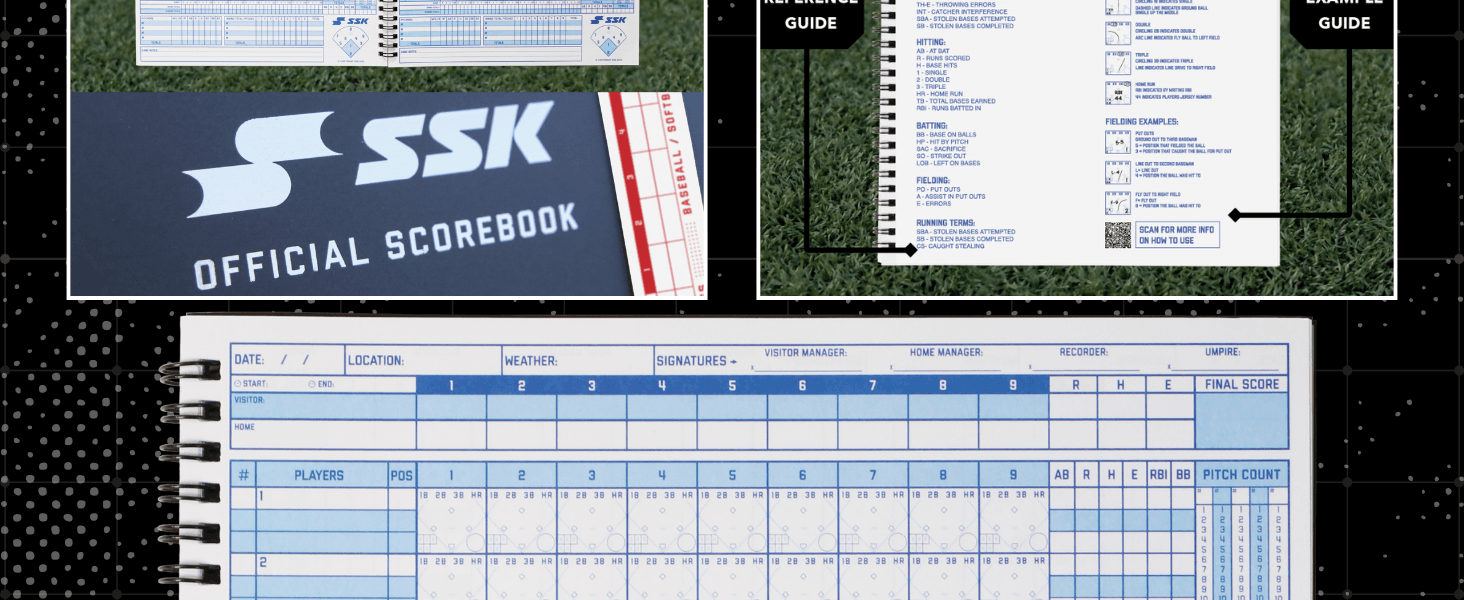 Shows the SSK Official Scorebook in use across the game with scorekeeping notation and guides that cover multiple recording tasks. Helps shoppers see the book is a complete tool for scoring a full…