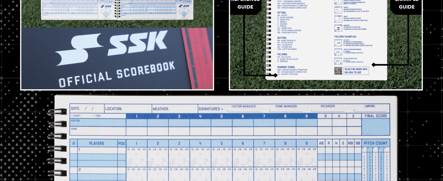 Shows shoppers how to read and use the SSK scorebook with a symbol key, abbreviation legend, and fielding examples so they know how to keep score. Presents the product as the official SSK scorebook…
