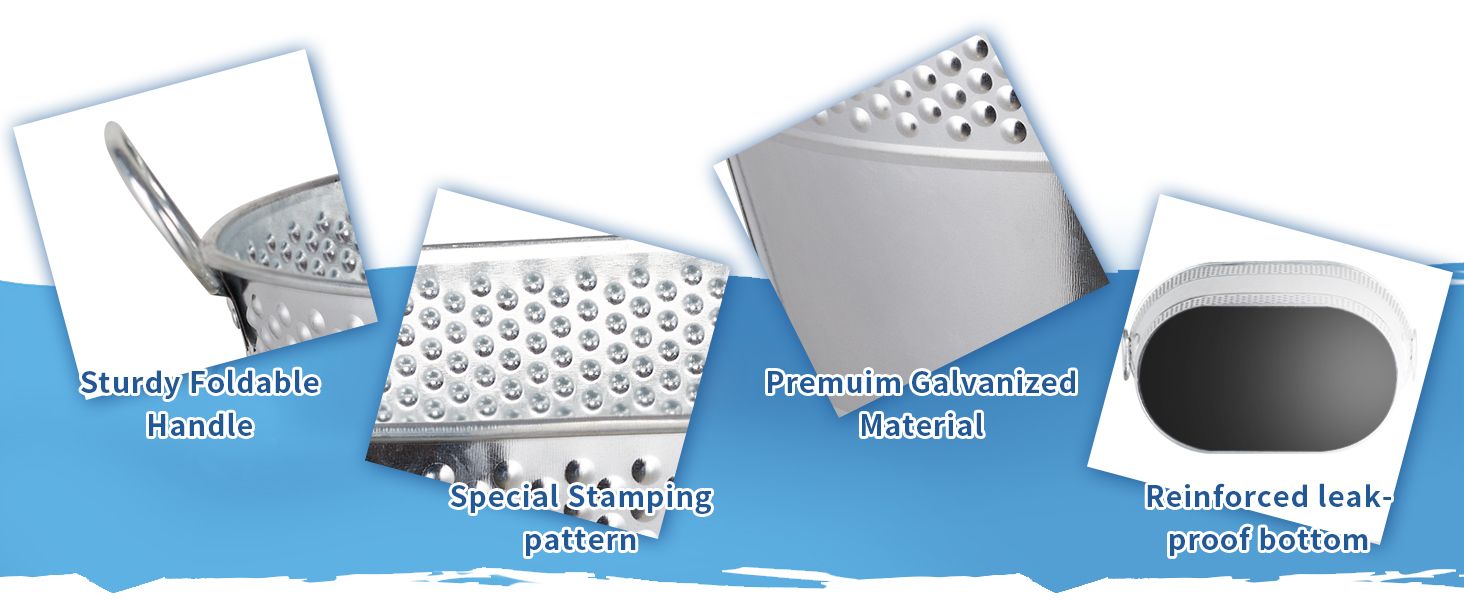 Shows four distinct product strengths in separate angled panels so shoppers quickly see the handle, stamped surface, durable galvanized build, and leak-proof base.