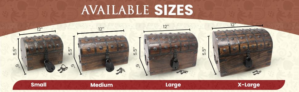 Shows exact dimensions of each treasure chest size so shoppers can confirm which size fits their needs. Clear measurement arrows reduce uncertainty before purchase. Presents the full lineup of…