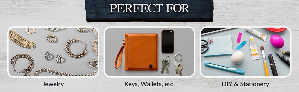 Shows the product works across multiple everyday scenarios including jewelry, keys and wallets, and DIY or stationery projects to broaden shopper understanding of its versatility.