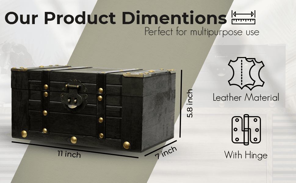 Shows the exact physical dimensions of the treasure chest so shoppers can judge its size before buying. Icons for leather material and hinge also reassure buyers about build quality. Highlights…