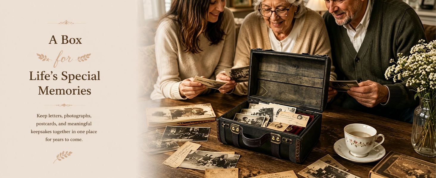 Shows the box in a warm family setting to help shoppers picture it as a home for cherished keepsakes. Communicates that the box keeps letters, photos, and postcards together for years.