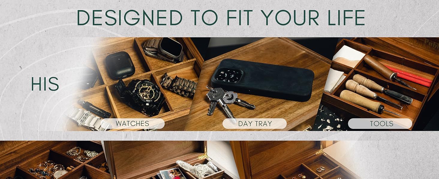 Shows the wooden organizer across several everyday use areas for watches, day tray items, and tools so shoppers see how it fits their daily life. Reinforces versatility and a tidy, designed storage…