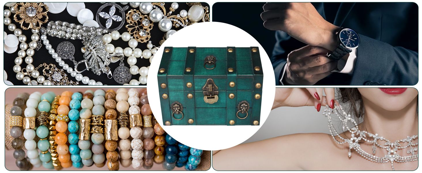 Shows the jewelry box surrounded by pearls, bracelets, watches, and necklaces to suggest it is a stylish home for valuables. The lifestyle imagery helps shoppers picture organizing their own jewelry…