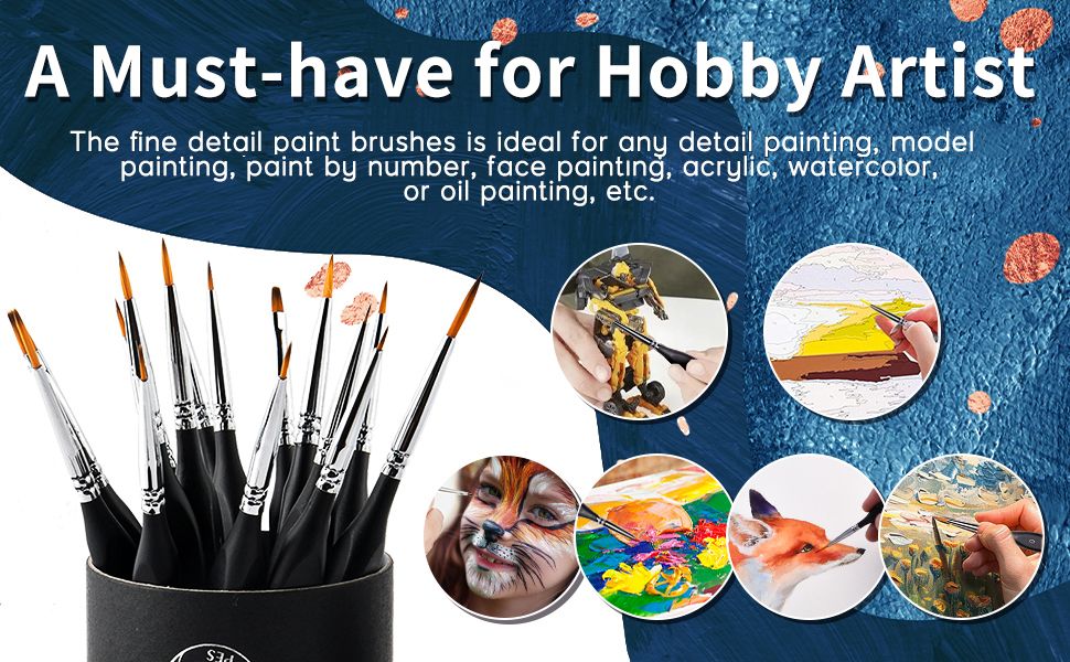 Shows the brushes working across many hobby art scenarios so shoppers see the set suits a wide range of painting projects. Highlights the fine detail brush set as ideal for many painting styles,…