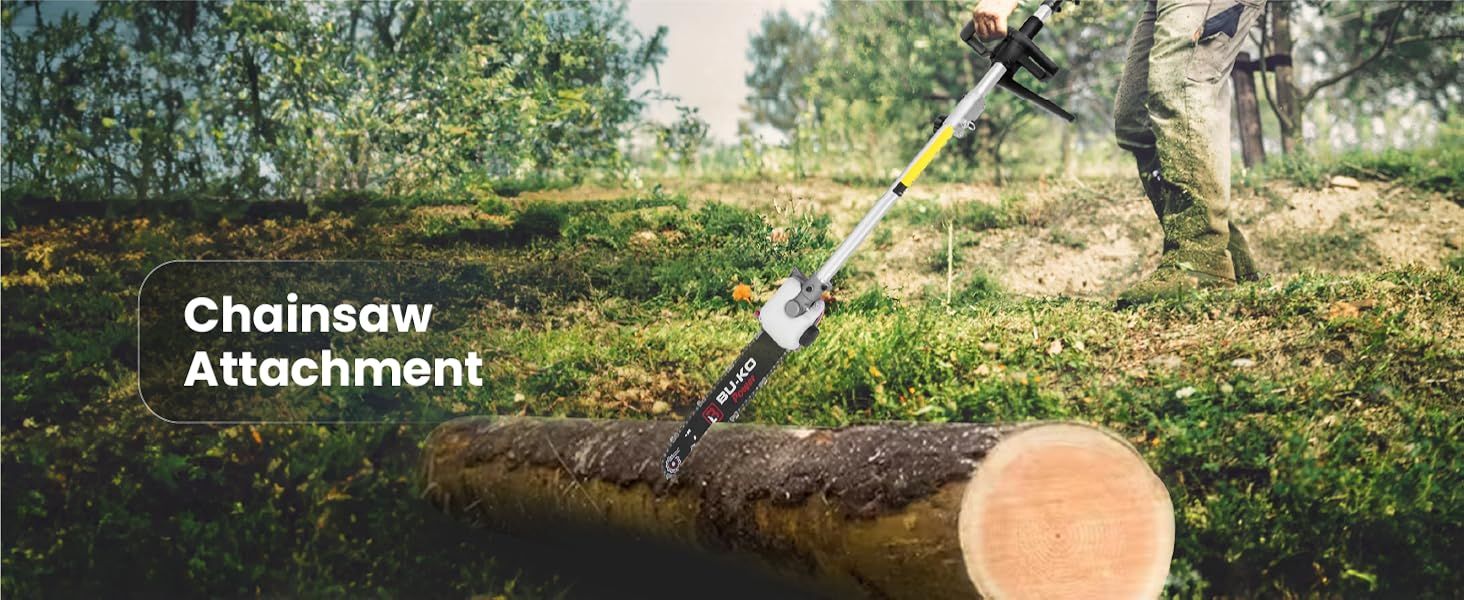 Shows the chainsaw attachment cutting a log to communicate that this accessory handles light cutting tasks.