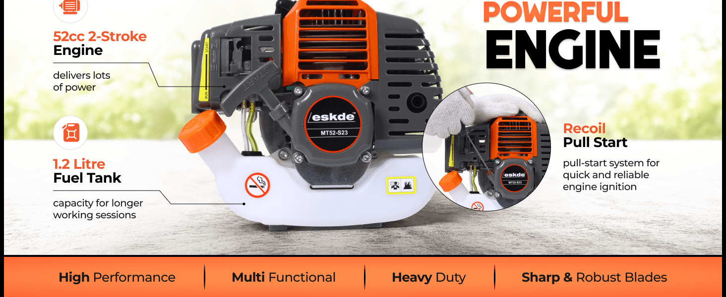 Highlights several key selling points of the engine including power, fuel capacity, easy pull start, and durable blades to help shoppers see the tool is powerful and dependable. Shows safety warning…