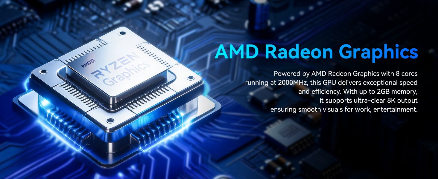 Communicates that the Radeon graphics deliver fast visuals and 8K output for work and entertainment.