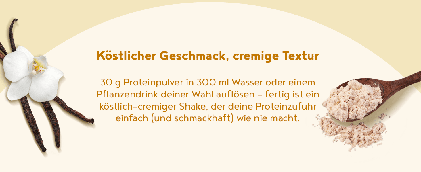 Shows that the protein powder mixes into a delicious creamy shake with simple preparation instructions, helping shoppers see how easily it fits into their routine.