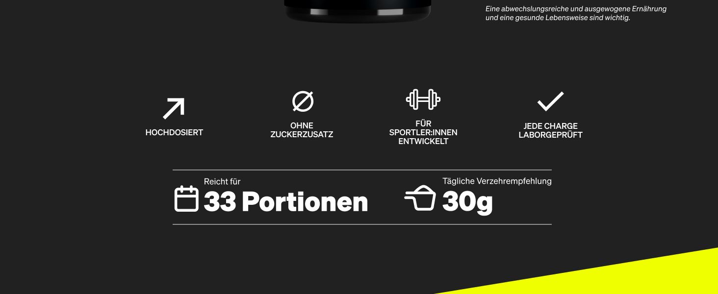Lists four key product benefits with icons so shoppers can quickly confirm quality, purity, and athlete suitability. Serving count and daily recommended dose add practical value. Highlights the…