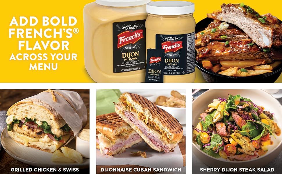 Shows French's Dijon Mustard used across several menu items such as sandwiches, ribs, and salad to inspire foodservice and home cooks on versatile applications. Highlights the bold flavor of…