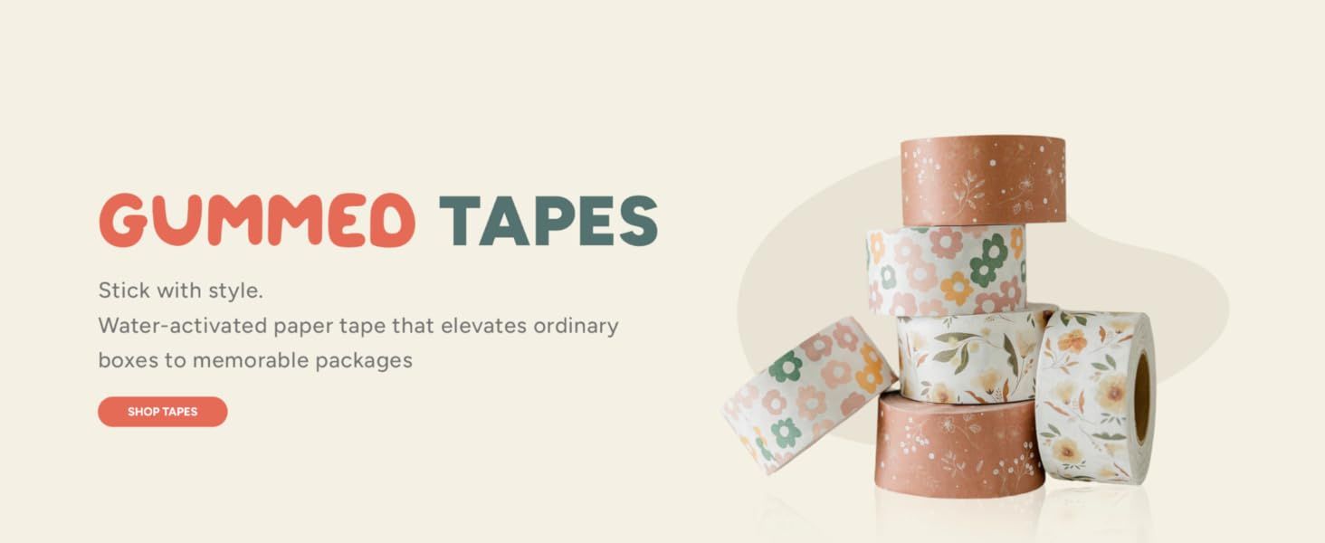 Highlights water-activated paper tape that makes ordinary boxes look memorable with stylish patterns to help shoppers see the core benefit.
