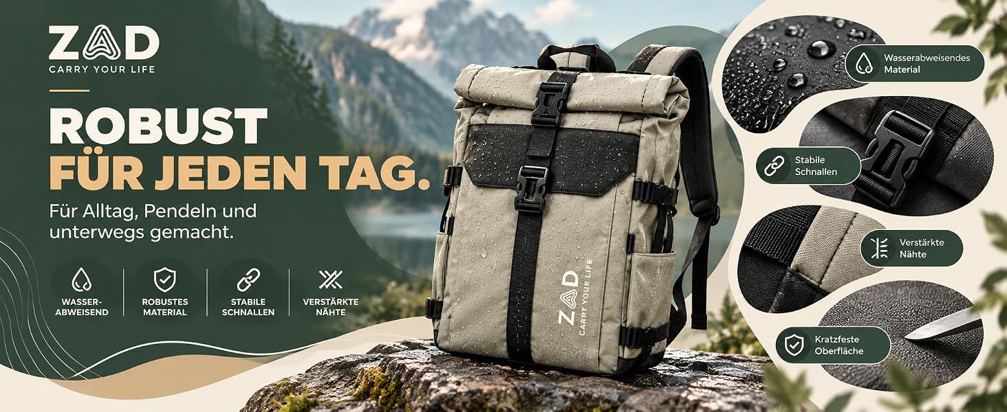 Highlights multiple durability features in separate callout panels to reassure shoppers the backpack is built tough for daily use and commuting.