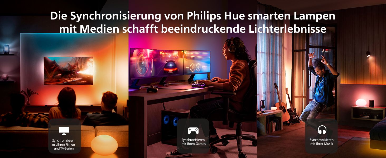 Communicates that the smart lights sync with movies, games and music to create immersive lighting experiences. Shows multiple entertainment scenarios where the lights sync with media so shoppers see…
