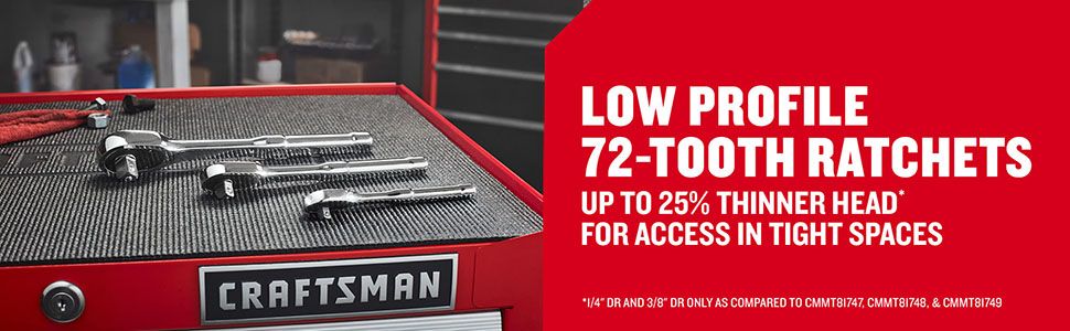 Highlights multiple key features of the ratchet set, focusing on the low profile design and 72-tooth mechanism to communicate versatility and ease of use in tight spaces.