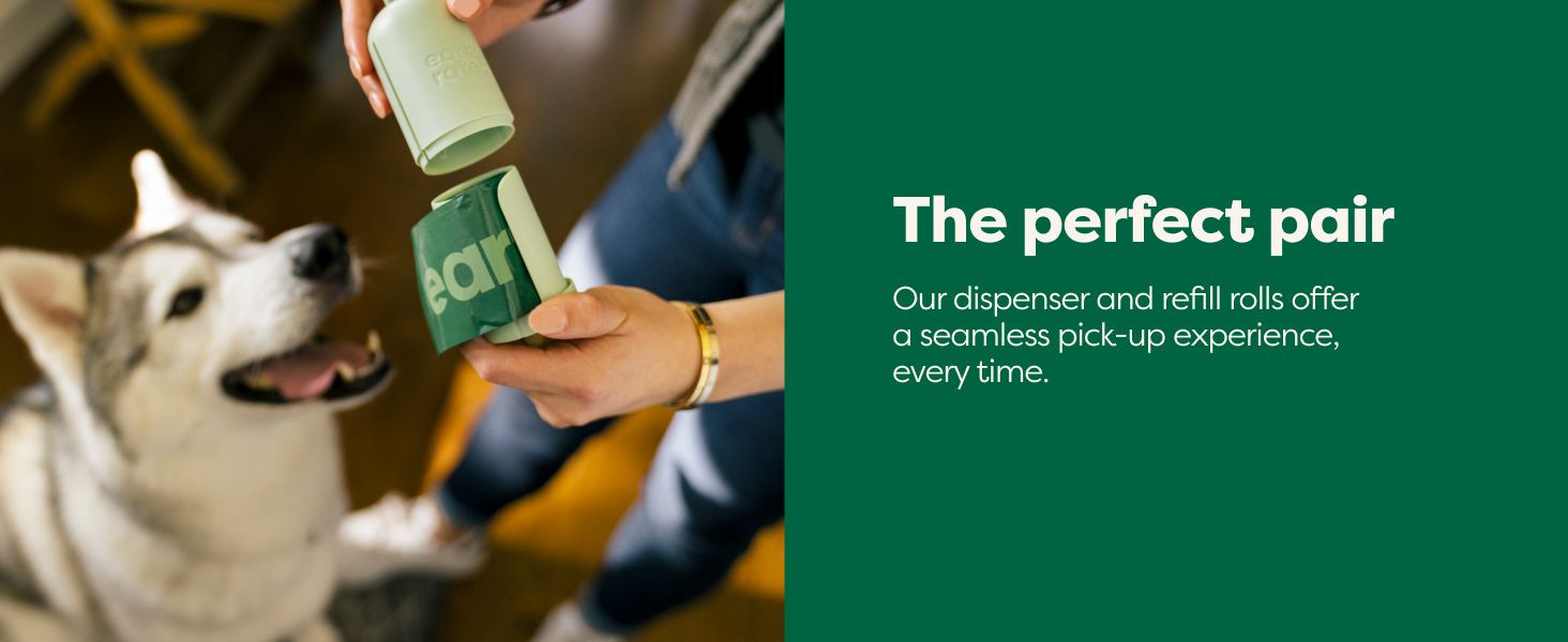 Shows the dispenser and refill roll components of the product to highlight the complete system and ease of use. Emphasizes the key benefit of a seamless pick-up experience when using the dispenser…