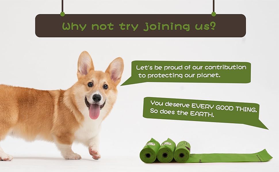 Communicates the brand's commitment to environmental protection and encourages customers to join their eco-friendly mission. Showcases how using the product (likely eco-friendly dog waste bags)…