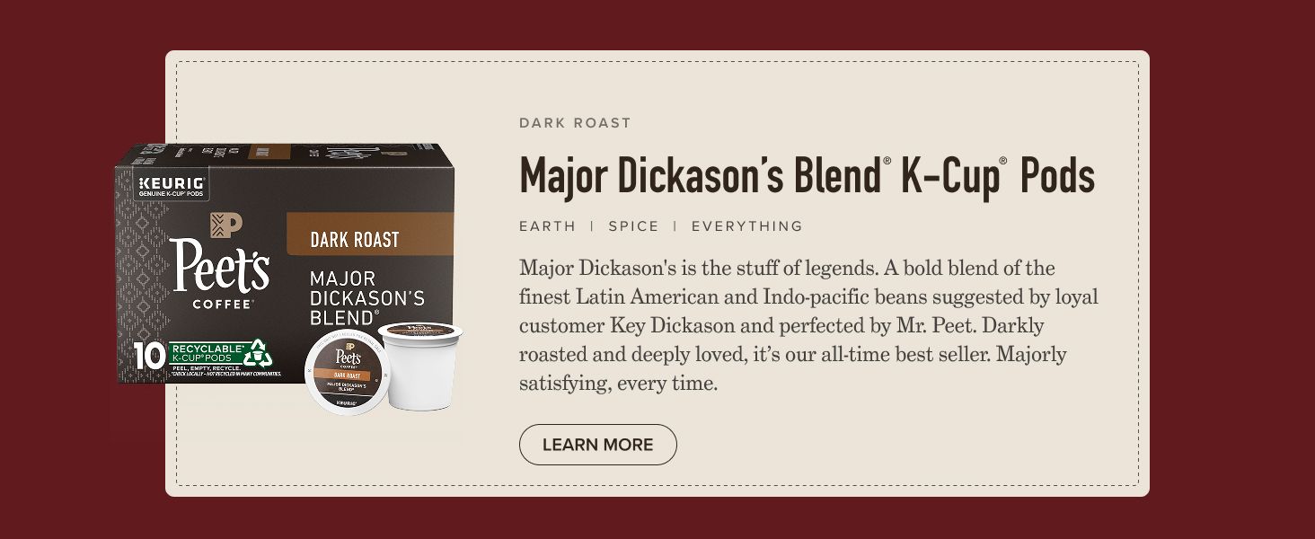 Highlights the signature dark roast coffee blend with brand storytelling to communicate quality, heritage, and taste characteristics to shoppers.