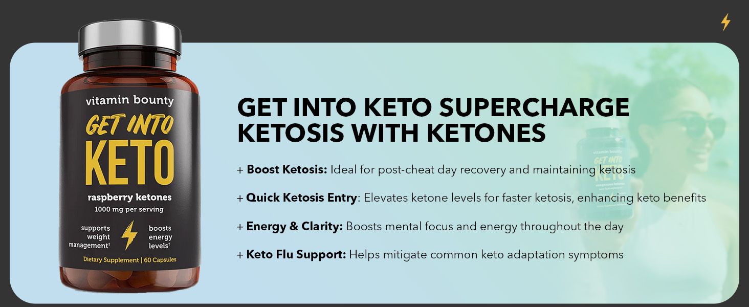 Highlights multiple benefits of the raspberry ketones supplement in a bulleted format to communicate how it supports ketosis entry, energy, mental clarity, and keto flu mitigation.