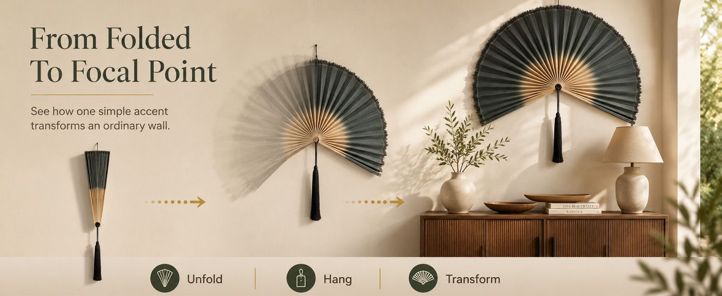 Demonstrates how to unfold, hang, and transform the decorative fan from a compact folded state into a striking wall accent, helping shoppers visualize the setup process and final result. Highlights…
