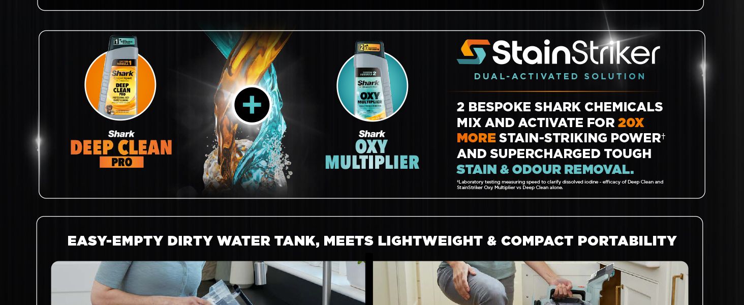 Showcases multiple product benefits including the dual-activated cleaning solution with 20x more stain-striking power and the easy-empty dirty water tank with lightweight portability to help…