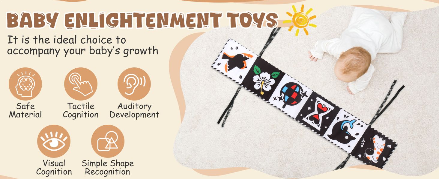 Showcases multiple developmental benefits of the baby toy in an organized icon-based layout to help parents understand how the product supports their child's growth across cognitive, sensory, and…