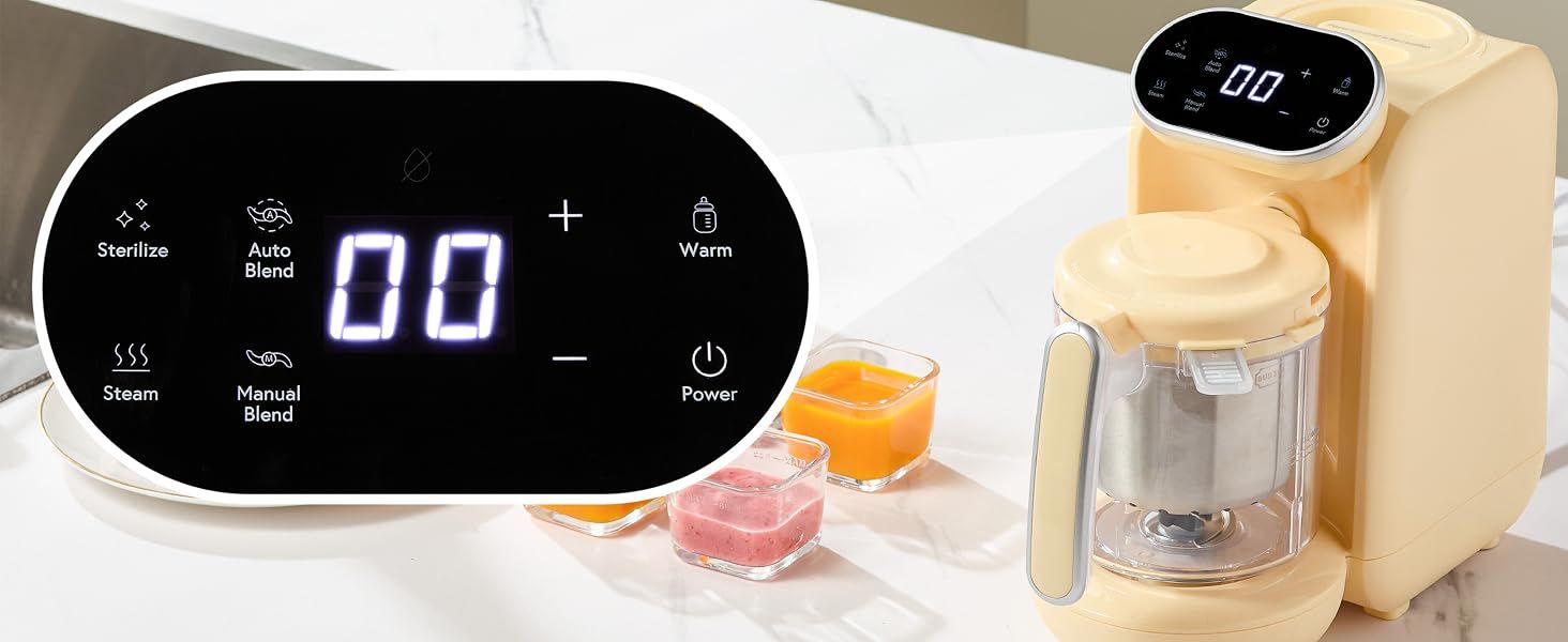 Highlights multiple product functions including Sterilize, Auto Blend, Steam, Manual Blend, Warm, and Power controls in a visually organized layout to help shoppers understand key capabilities.