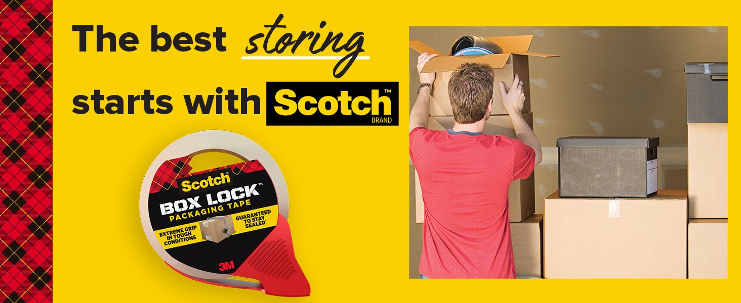 Demonstrates the product in a storage scenario, showing how Scotch Box Lock tape is ideal for packing and organizing boxes during storage.