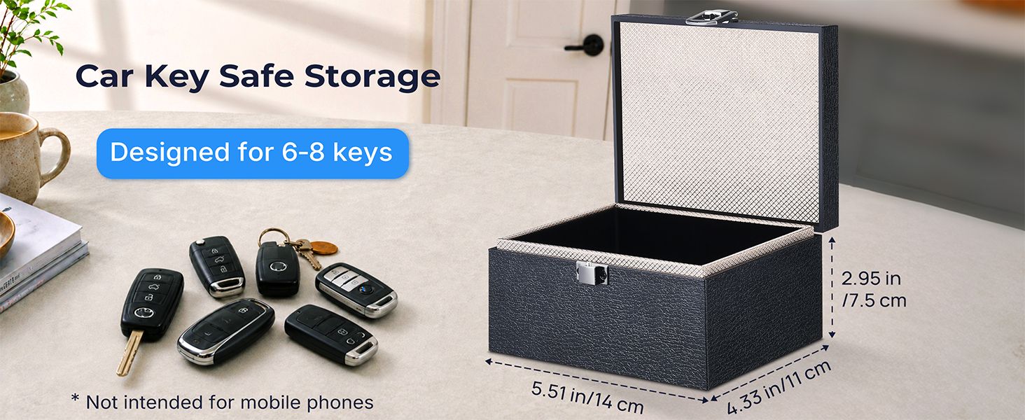 Shows what the product can hold (6-8 keys) and provides exact physical dimensions to help shoppers understand the storage capacity and size of the key safe box. Communicates the exact physical…