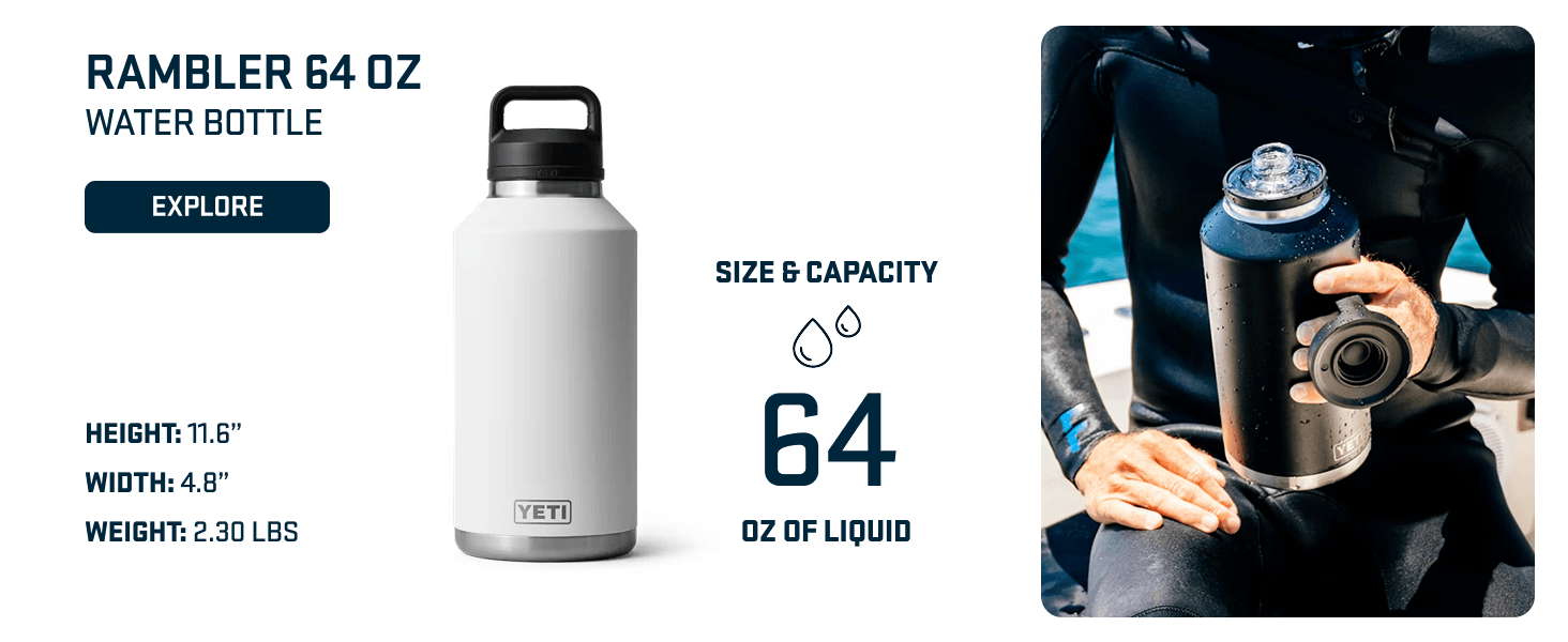Presents one size option from the brand's Rambler water bottle lineup, helping shoppers understand the 64 oz variant's specifications and use context. Communicates the exact physical dimensions and…
