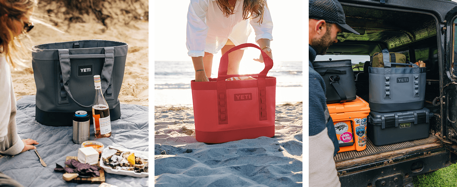 Demonstrates the versatility of the tote bag across multiple real-world scenarios including beach outings, picnics, and vehicle cargo transport to show shoppers the range of ways they can use the…