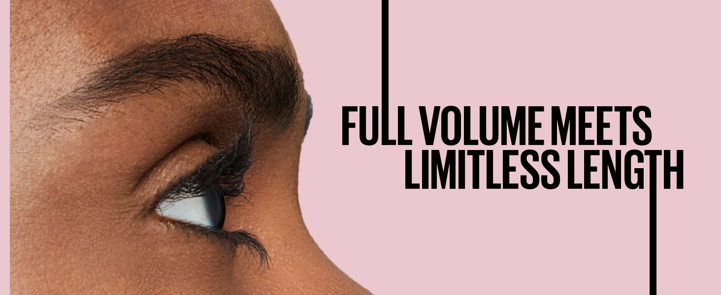 One lifestyle close-up and one headline promise full volume with limitless length. Shoppers see the core lash result at a glance.