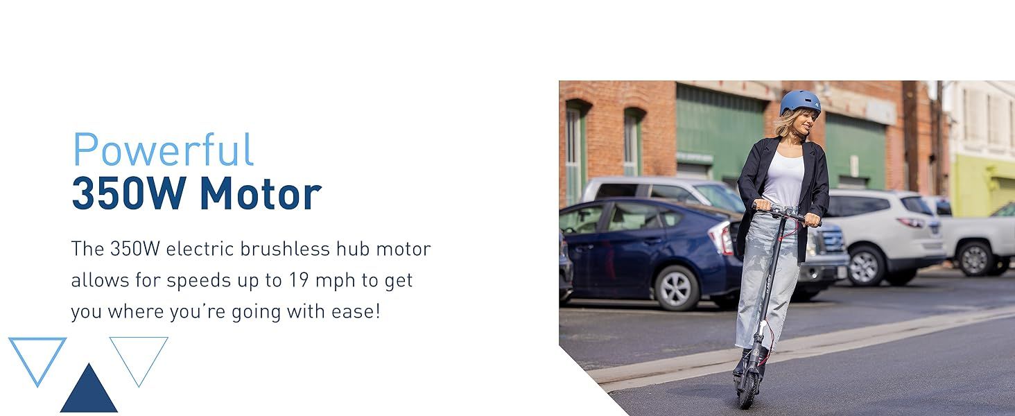 Communicates the powerful 350W motor specification and speed capability to reassure shoppers about performance and ease of travel. Showcases quantifiable performance stats (350W power, 19 mph speed)…