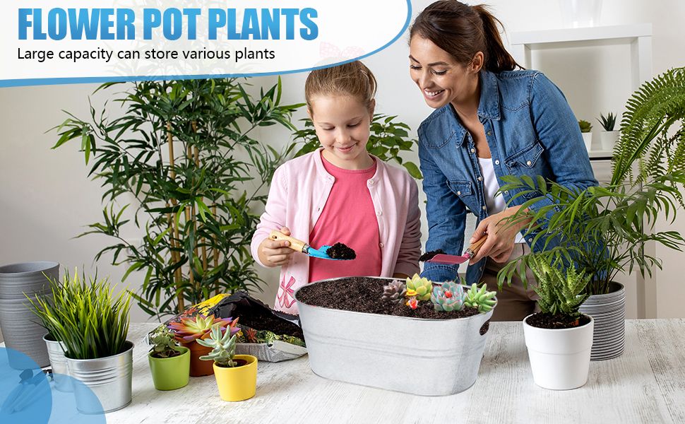 Shows a mother and daughter planting succulents in a large galvanized container to help shoppers picture the pot in a real home gardening activity.