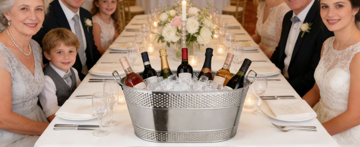 Shows the product in an elegant wedding reception setting with family seated at a dressed table to help shoppers envision it as part of celebrations and special occasions.
