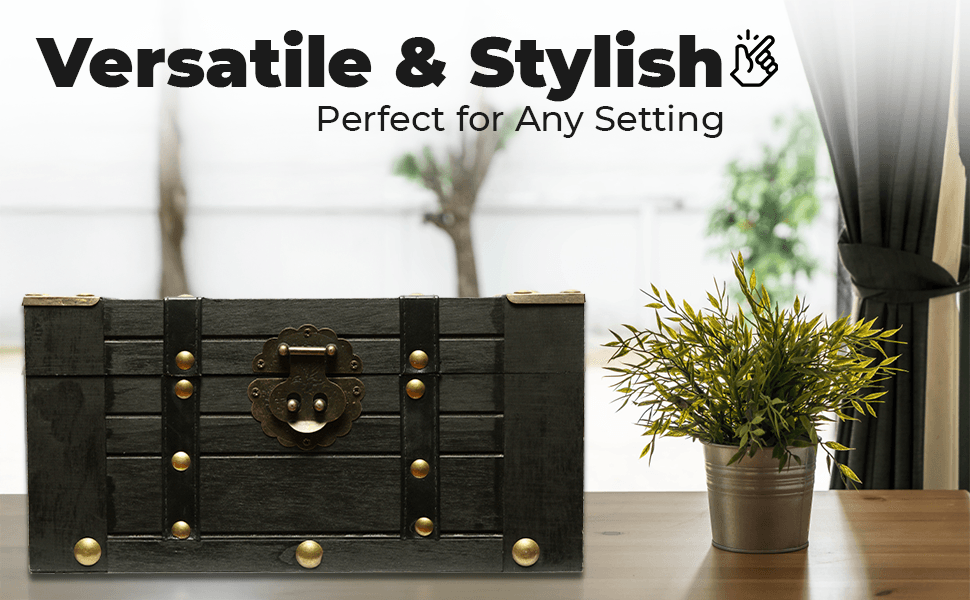 Highlights that the wooden chest is both versatile and stylish and suits any setting, reassuring shoppers it will fit their home decor. Shows the vintage-style chest on a wooden table beside a plant…