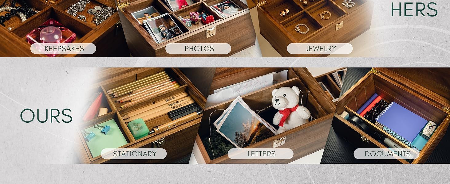 Shows the wooden keepsake boxes filled with personal items in a real home setting to help shoppers picture the product holding their own memories. Uses a HERS and OURS framing to present a…