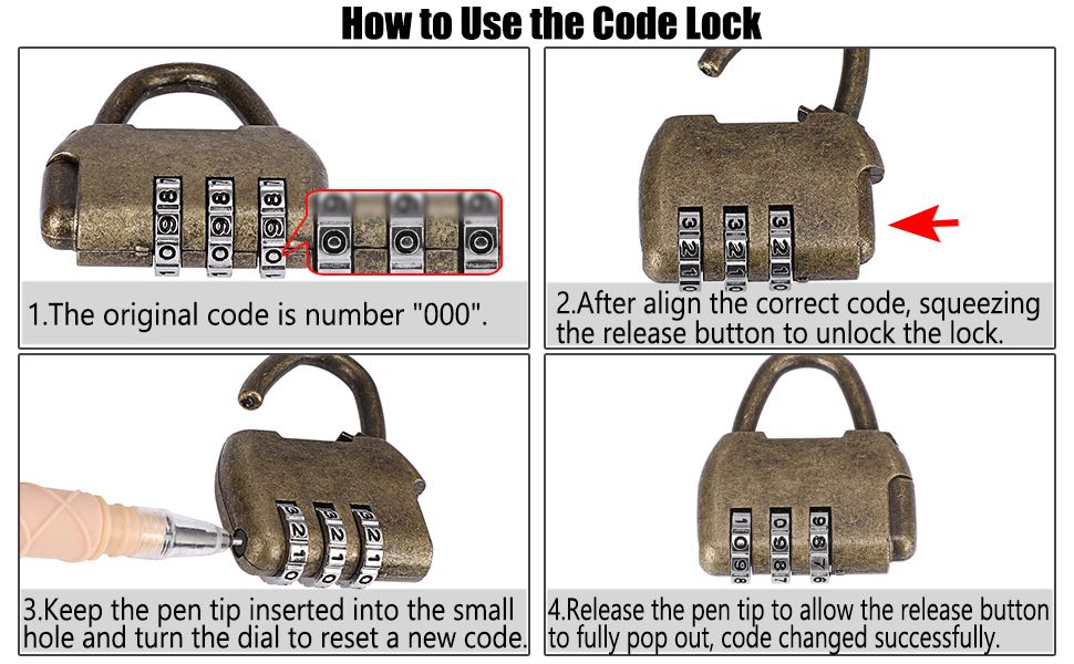 Walks shoppers through the four steps to unlock the lock and reset its combination using a pen tip so they know how easy it is to use and customize.