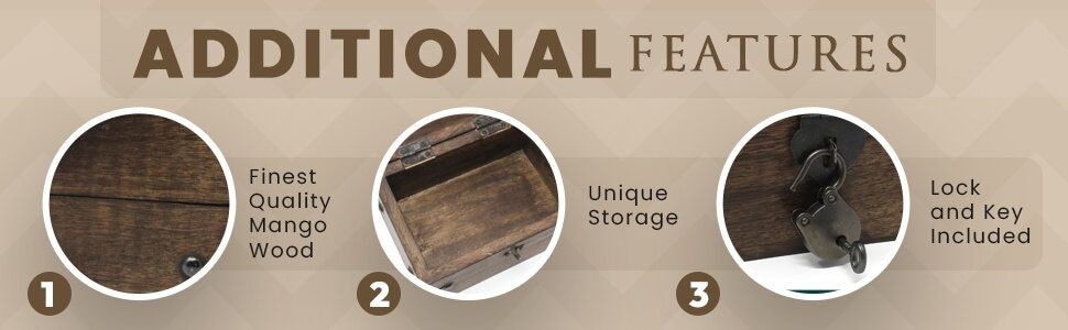Highlights three distinct product benefits in segmented numbered panels so shoppers quickly see the wood quality, storage design, and included lock and key.