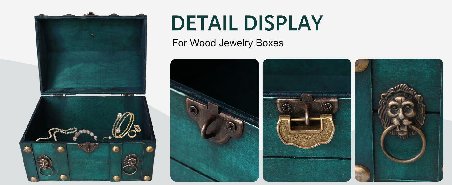 Shows close-up views of the box latch, lion head knocker, and interior finish to reassure shoppers about the quality and craftsmanship of the physical hardware. Divides the module into separate…