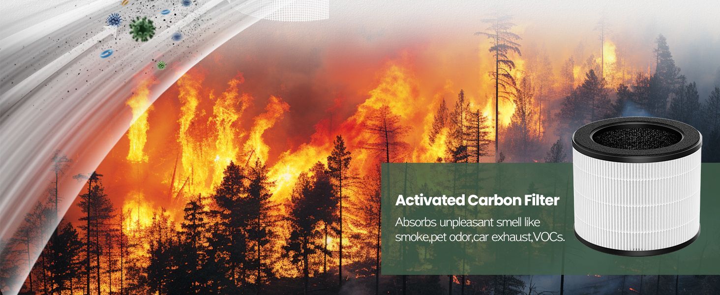 Shows the activated carbon filter absorbs smoke, pet odor, car exhaust and VOCs to help shoppers understand odor removal benefits. Identifies the activated carbon filter component as the part…