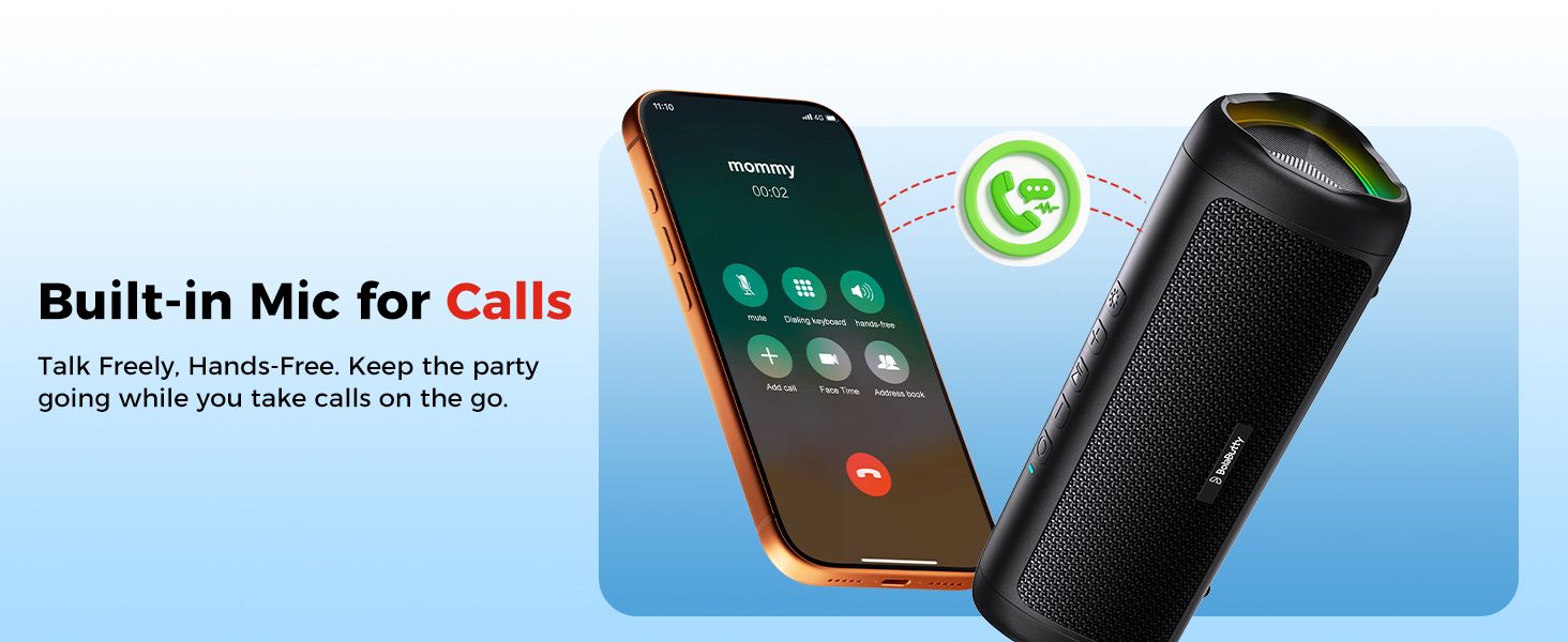 Shows the speaker can take phone calls hands-free so shoppers know they can stay connected on the go. Shows the speaker paired with a phone in a calling scenario to help shoppers picture everyday use.