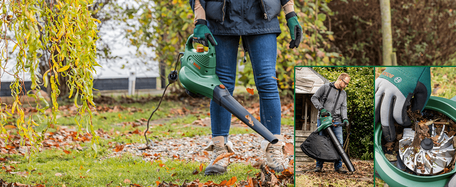 Demonstrates multiple uses of the blower across blowing, bagging, and shredding tasks to show the tool handles the full garden cleanup workflow. Uses segmented panels to highlight several benefits…