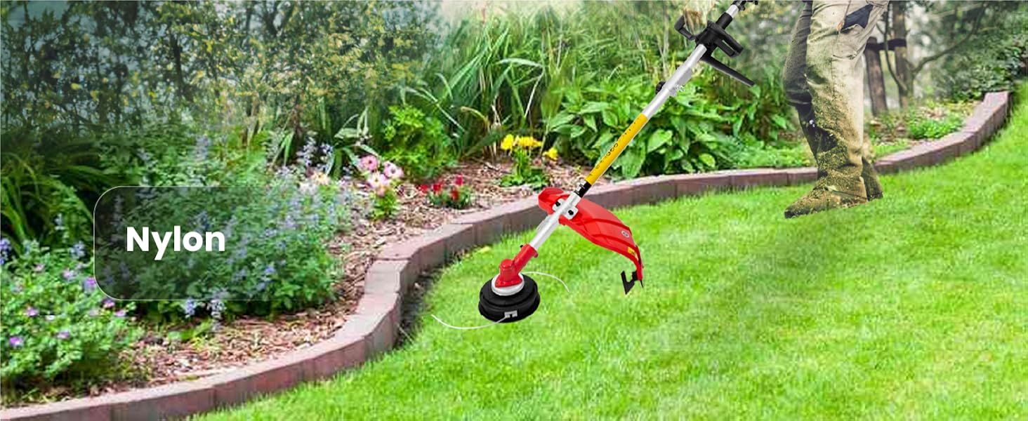 Shows the nylon line trimmer head edging a lawn so shoppers understand this head is suited for trimming grass and edges.