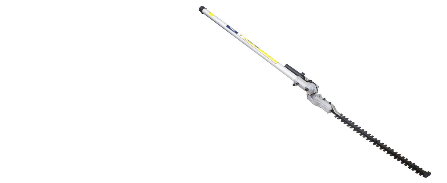 Highlights the pole hedge trimmer attachment and its blade head so shoppers understand the physical components.